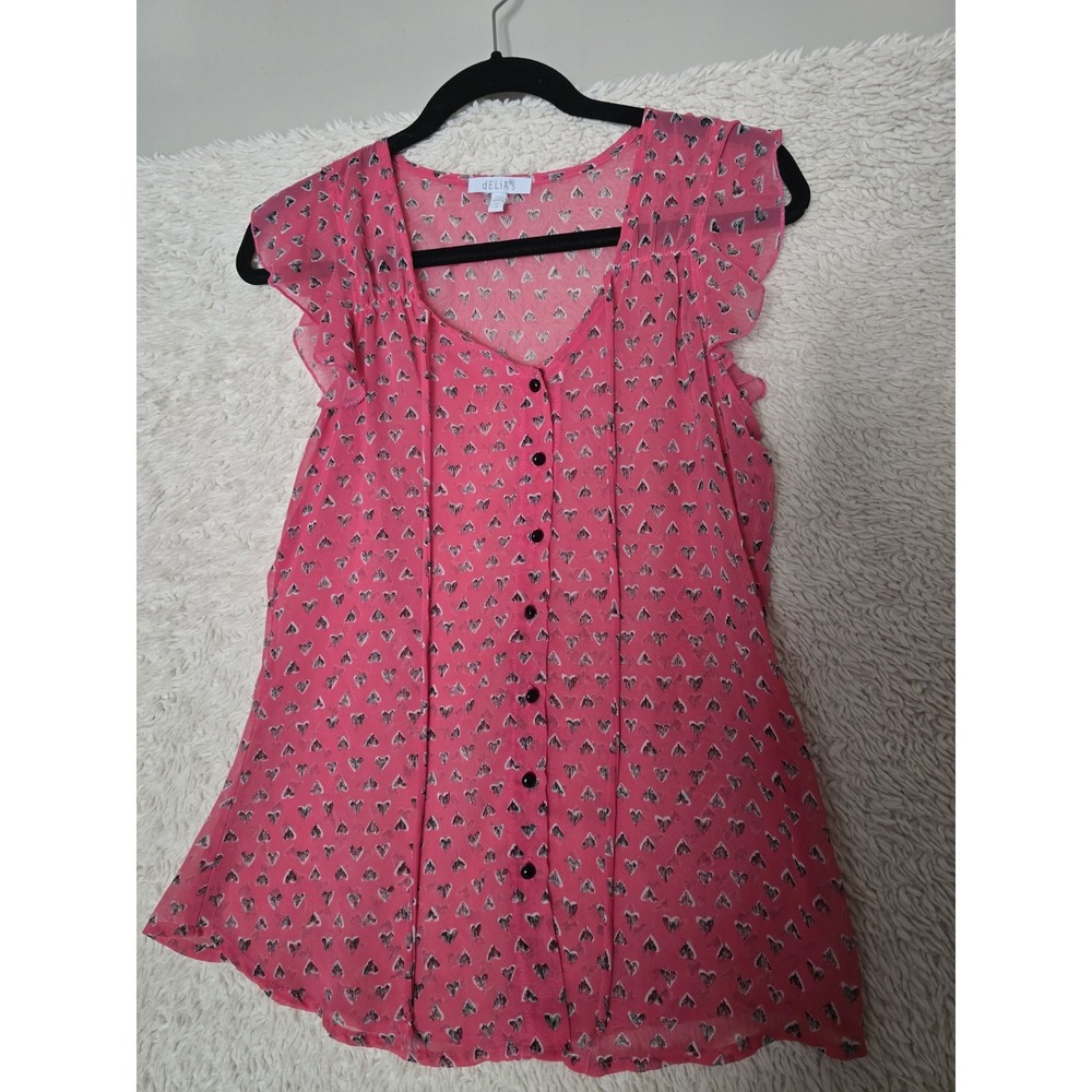 Delias Heart Print Flutter Sleeve Button Front Blouse Red Size Medium